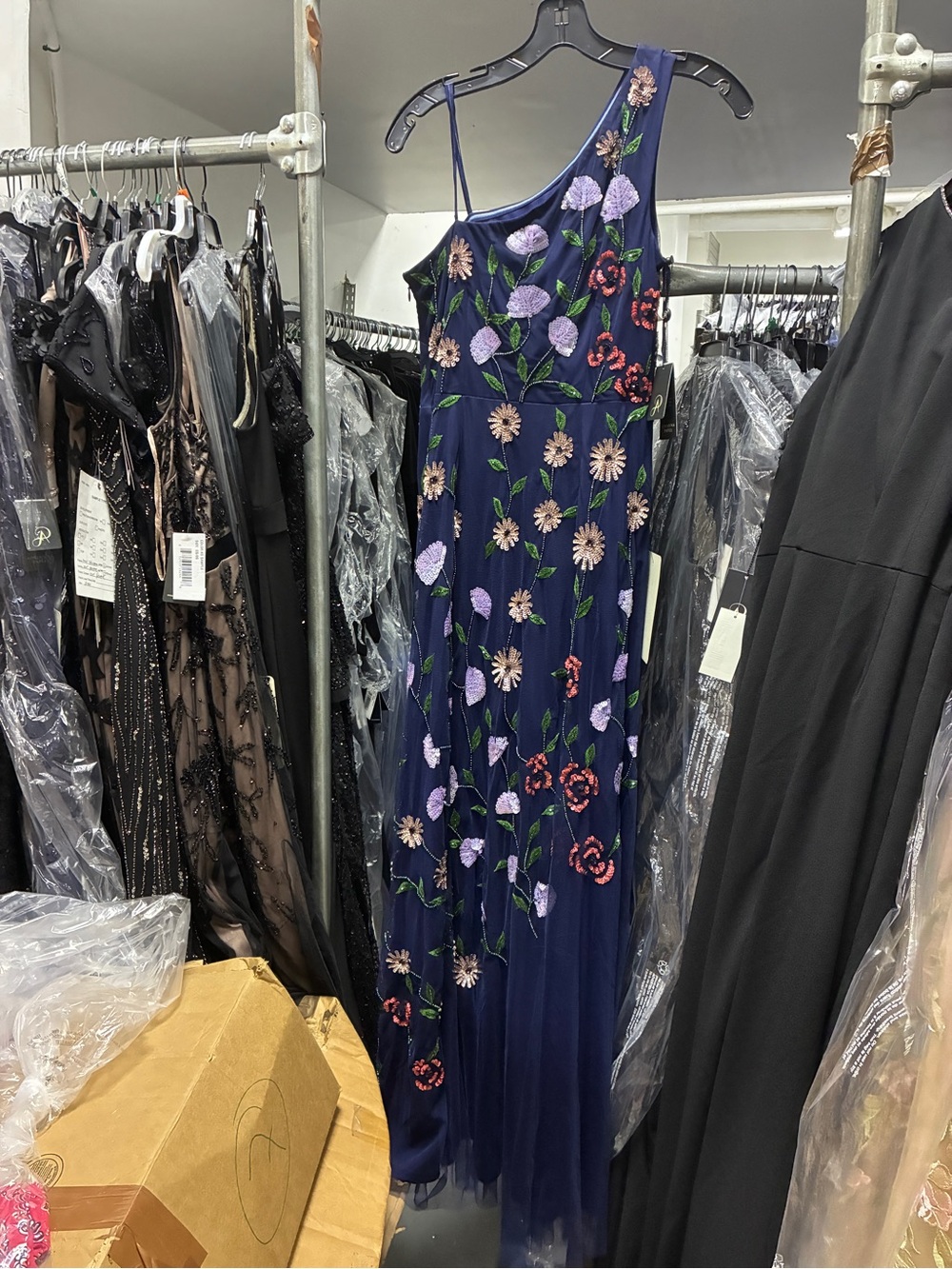 Adrianna Papell Navy Floral Sequin One Shoulder Gown Size 6 NWT GALA MOB Formal - Picture 13 of 15